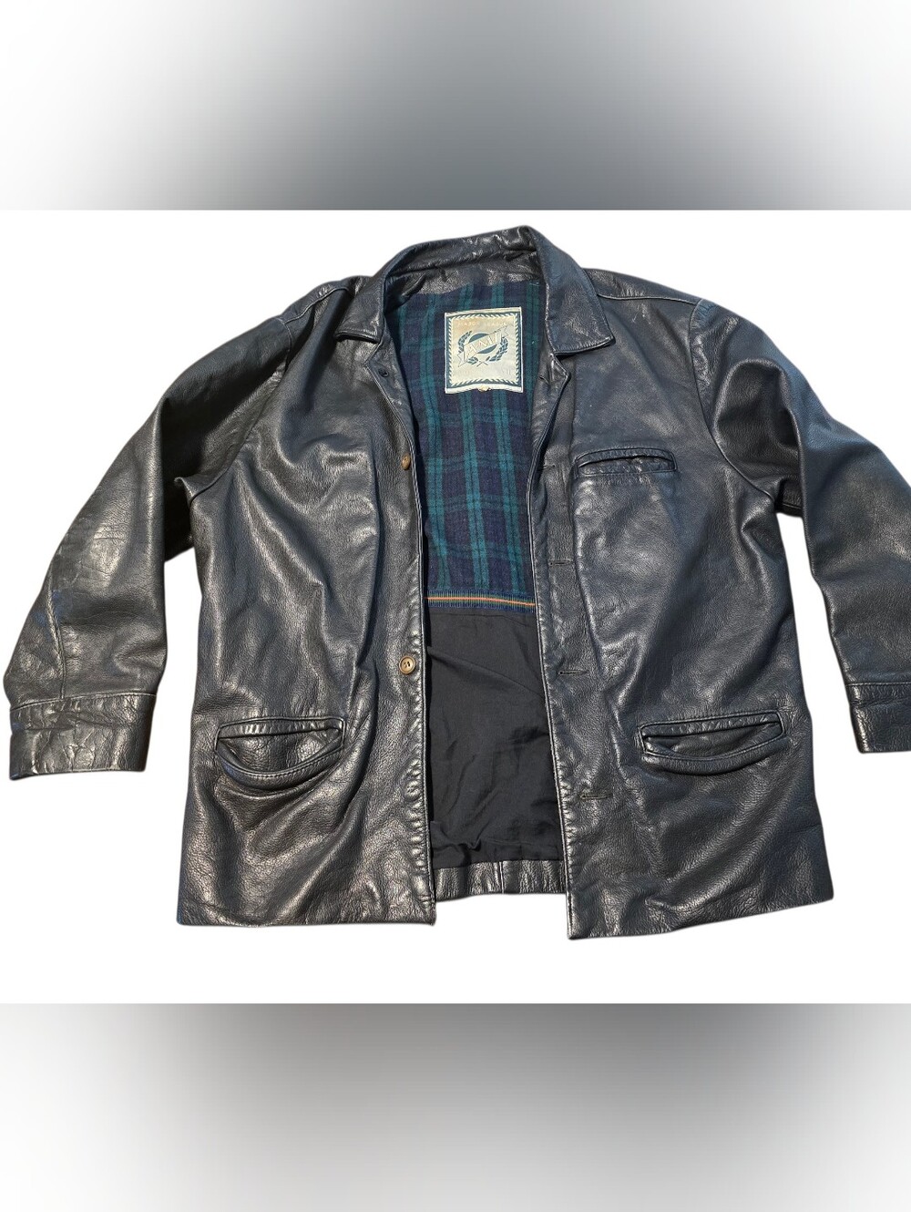 Vintage 90s AMI Major League Black Leather Car Coat Jacket Men's L P2P 25 EUC